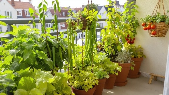 Cozy balcony garden with potted vegetables and hanging tomatoes.