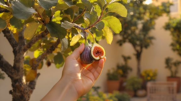 Hand picking ripe fig from tree.