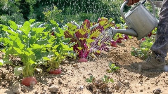 Person watering sandy soil vegetables with a metal watering can.