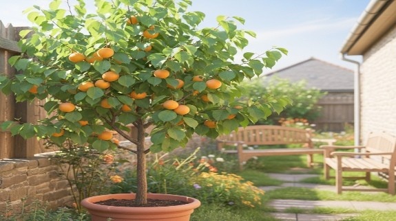 Potted apricot tree growing in sunny garden.