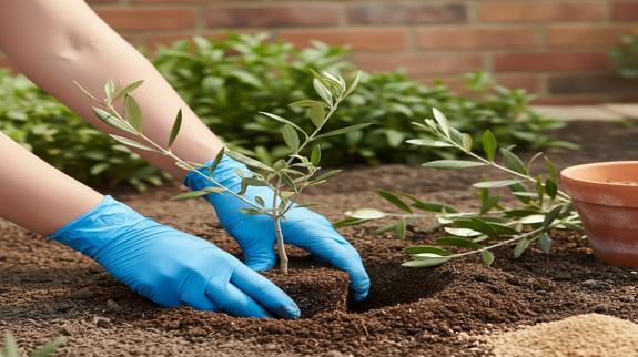 Gardener planting young olive tree sapling.