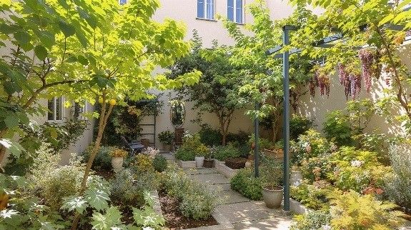 Lush courtyard garden with various fruit plants.