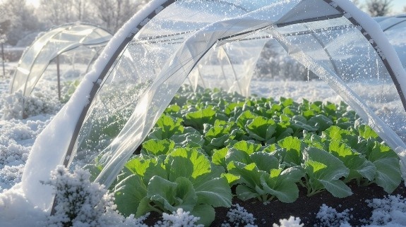 Lettuce growing under plastic tunnel in snowy winter garden.