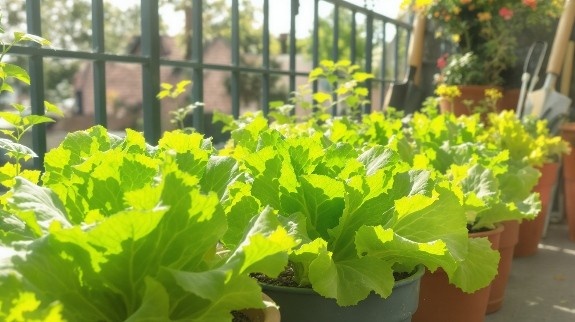 Fresh lettuce plants growing in balcony pots.