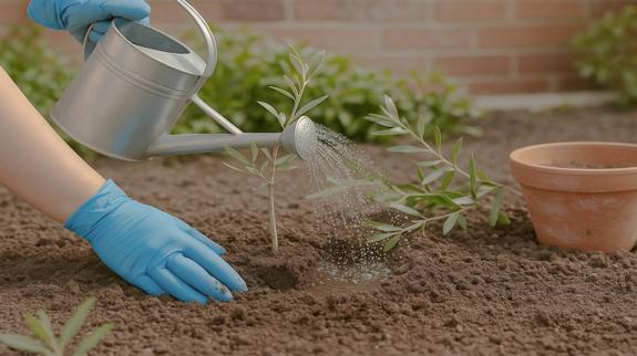 A man watering small olive seedling.
