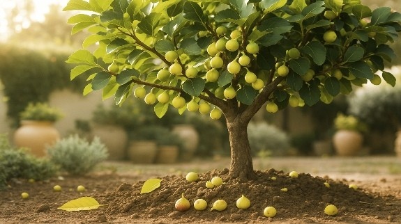 Healthy fig tree with fallen unripe fruits.