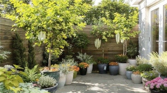 Small home garden with potted fruit trees and flowering plants.