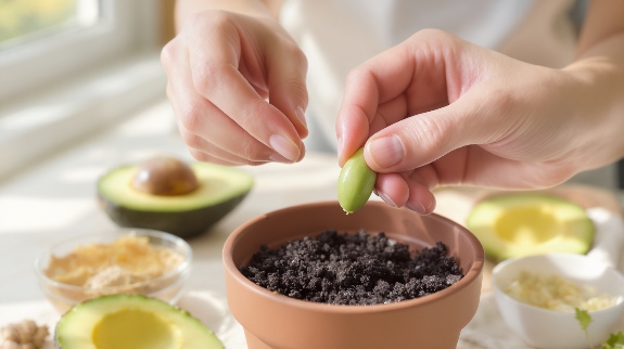 Person planting avocado seed in soil-filled pot indoors, kitchen background