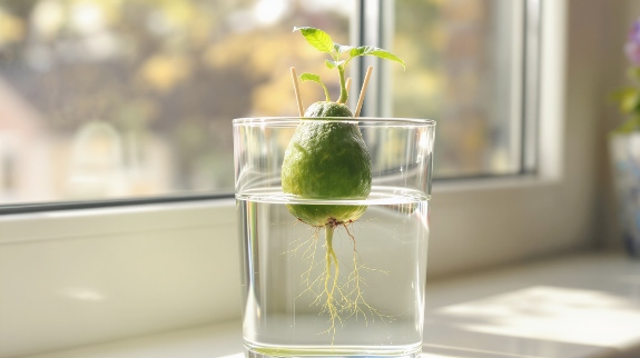 Avocado seed sprouting in glass of water on windowsill