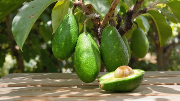Fresh Pinkerton avocados hanging on tree under flashing sunlight, one sliced open