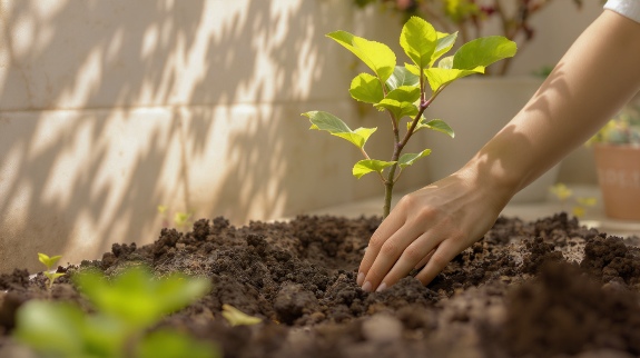 Girl planting young fig sapling.