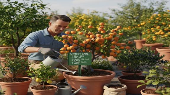 Man watering potted apricot tree in garden.