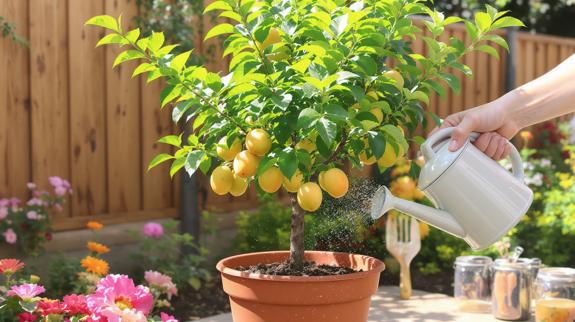 Person watering a potted apricot tree.