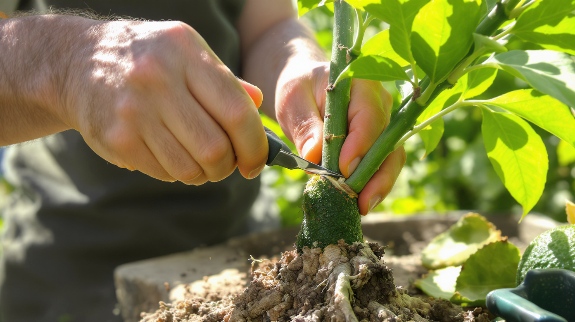Gardener grafting avocado plant stem with sharp knife