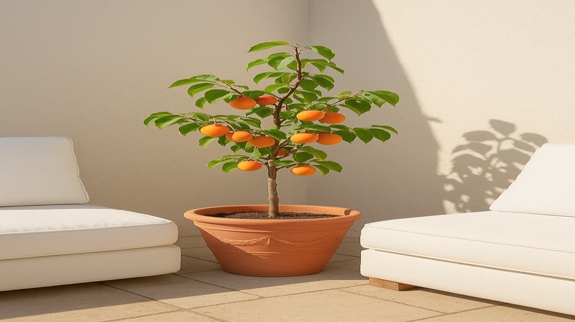 Potted apricot tree placed between white chairs.