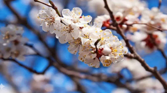 Apricot tree branch with white spring blossoms.