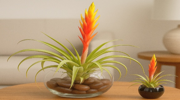 Tillandsia Xerographica plant blooming with vibrant flowers.