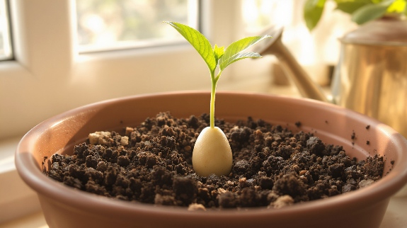 Avocado seedling growing in soil inside pot by window