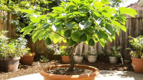 Potted avocado tree with green fruits in a sunny garden.