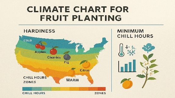 Map showing ideal climate zones for planting various fruits.