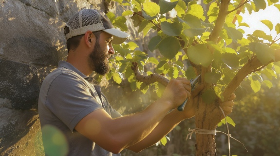 Man pruning branches of fig tree.