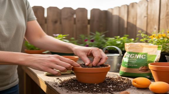 Hands planting apricot seeds in small pot.