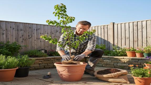 Man planting dwarf apricot in pot.