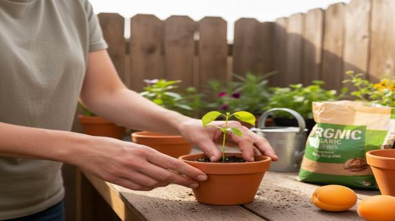 Person planting young apricot seedling in pot.
