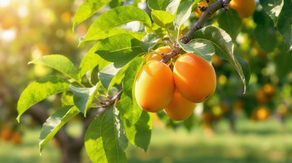 Ripe yellow apricots hanging on branch.