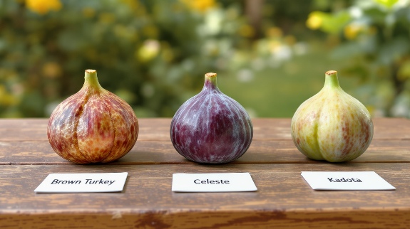 Different fig varieties Brown Turkey Celeste Kadota.