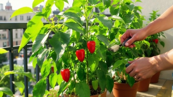 Hands pruning for balcony pepper plants.
