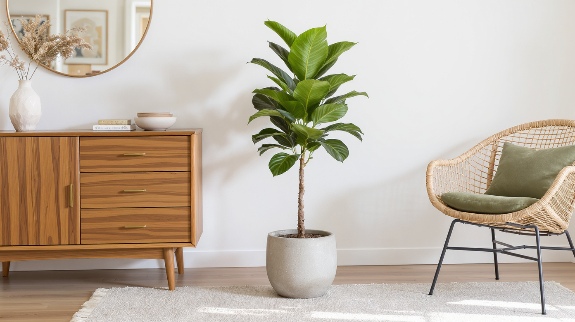 Rubber plant beside chair in modern room.