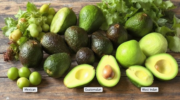Different avocado varieties: Mexican, Guatemalan, West Indian with leaves