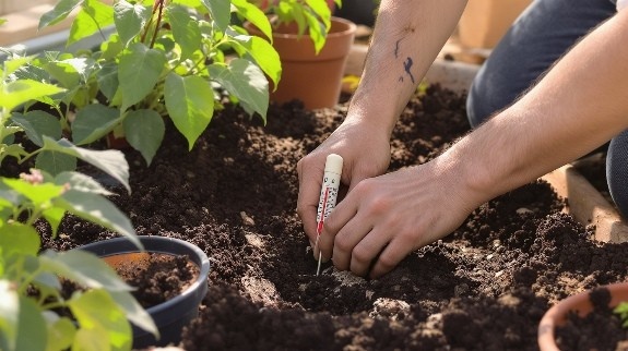 Checking soil temperature before planting peppers.