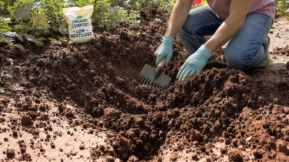 Person loosening soil with garden rake.