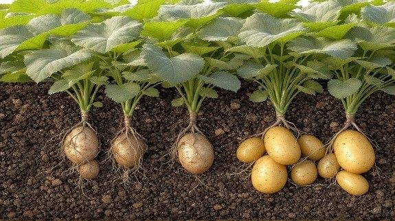 Potato growth stages under garden soil.