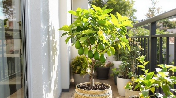 Potted avocado tree with green fruits growing on a sunny balcony