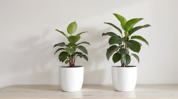 Two young rubber plants in white pots.
