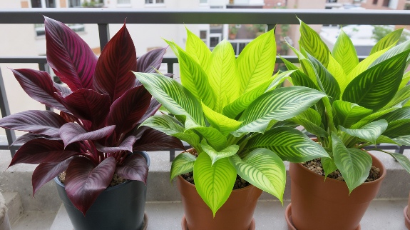 Three Calathea plants on balcony railing.
