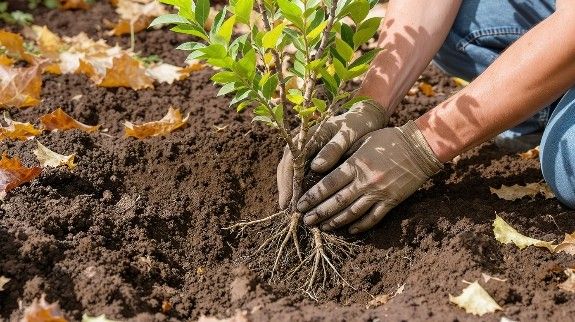 Gardener planting young holly in soil.