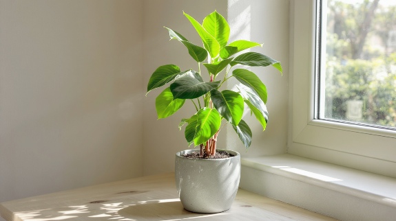 Small rubber plant by sunny window.