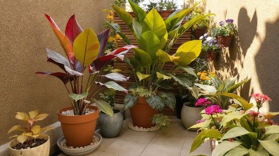Colorful tropical plants in small patio.