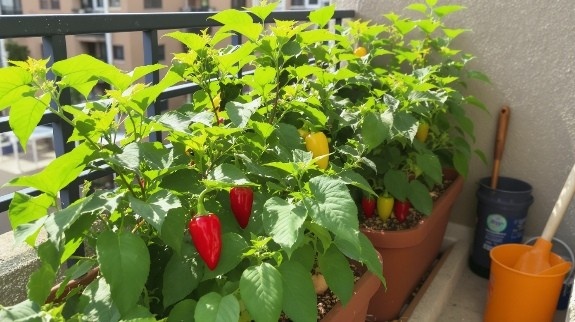 Pepper bell plants growing on sunny balcony.