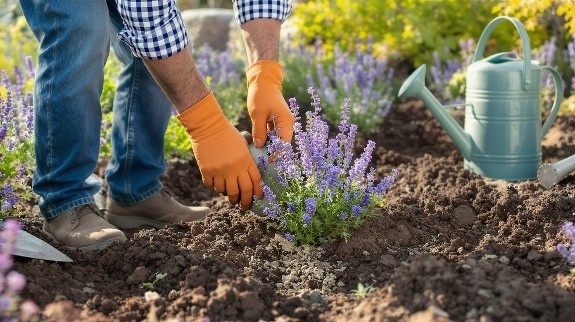 Gardener planting Russian Sage in soil.