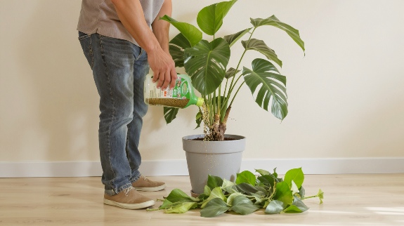 Person fertilizing indoor rubber plant carefully.
