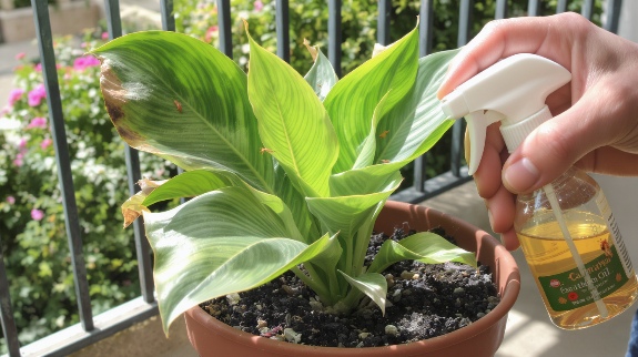 Spraying potted Calathea plant on balcony.