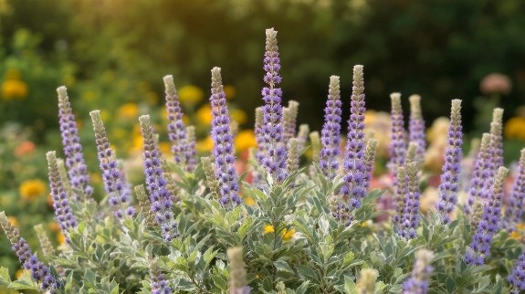 Lavender-blue Russian Sage blooming in sunlight.