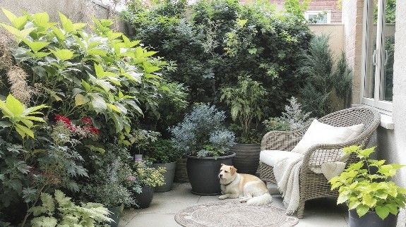 Lush small patio garden with dog.