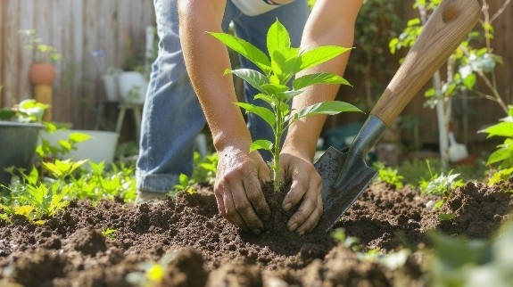 Person planting a young avocado tree in garden soil