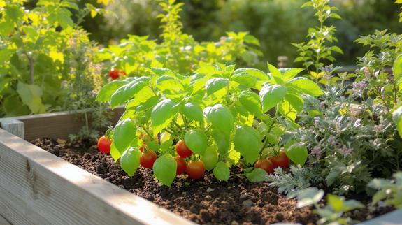 Tomato and herbs growing in raised bed.